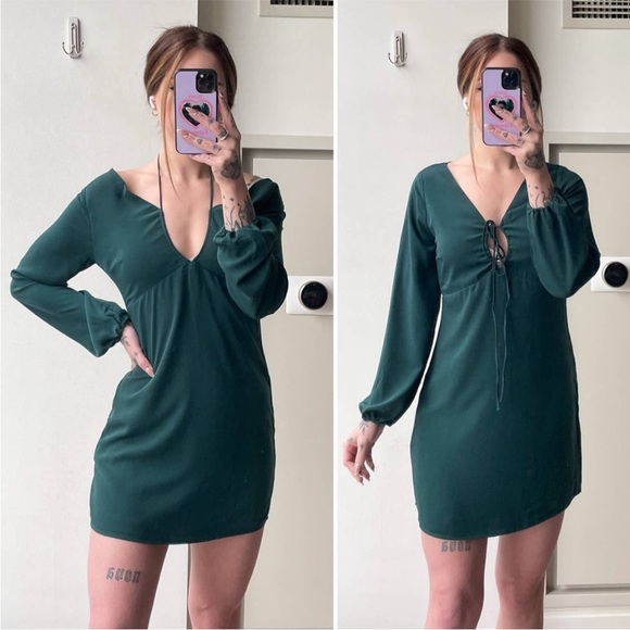 Abercrombie & Fitch Long-Sleeve Strappy Halter Mini Dress in Forest Green Small - Picture 9 of 12